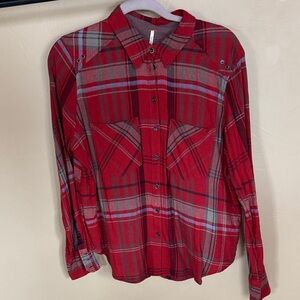 Women's Free People Red and Gray Plaid Shirt - Small